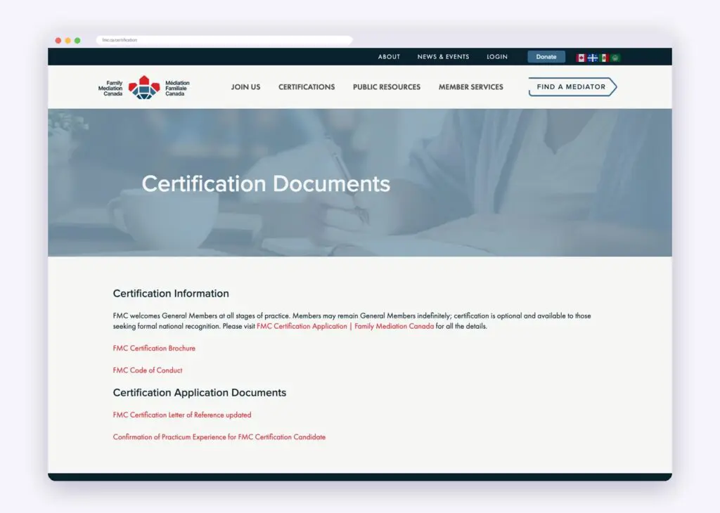 Family Mediation Canada certification information and application documents page