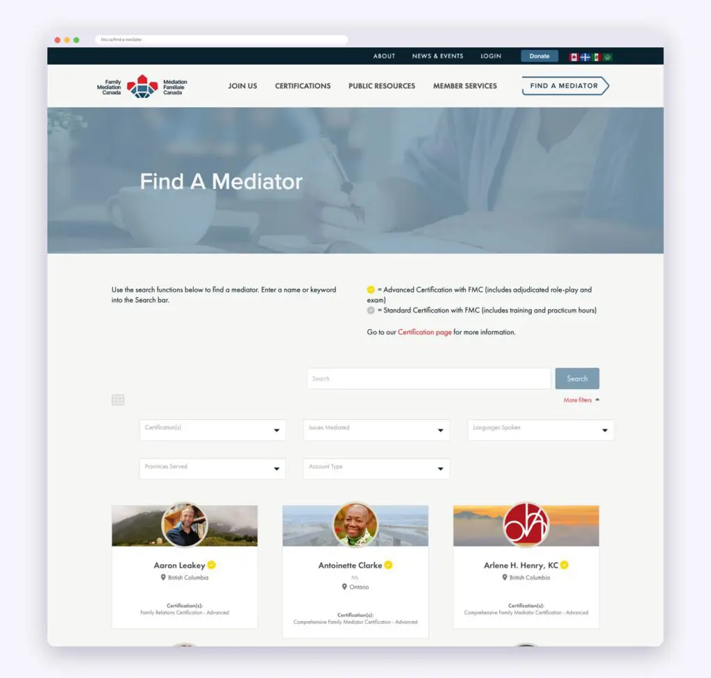 Find a Mediator directory on fmc.ca with certification, issue, language and province filters