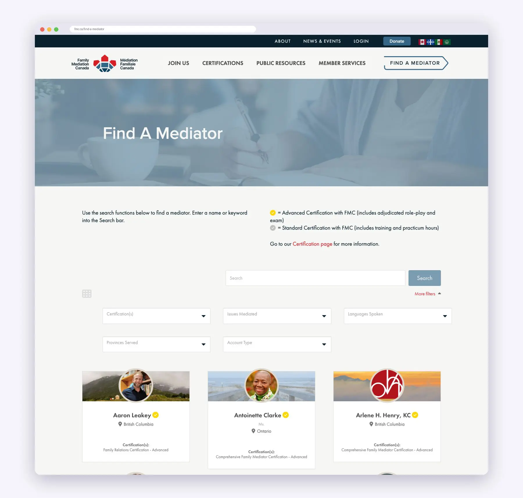 Find a Mediator directory on fmc.ca with certification, issue, language and province filters