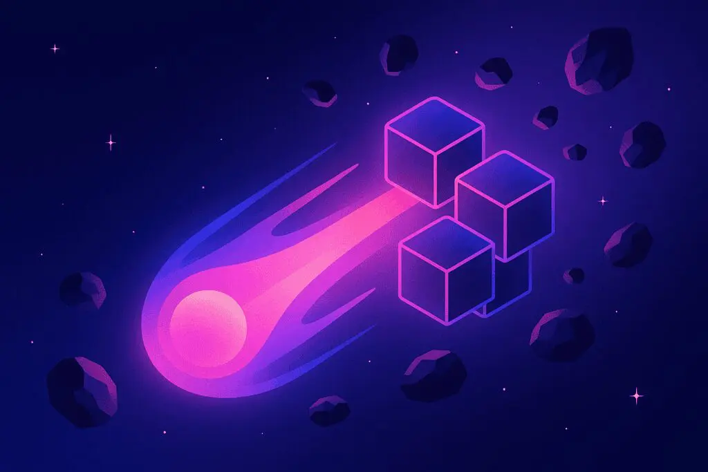 Digital illustration of a bright comet streaking through space, trailing neon pink and purple flames, colliding into glowing cubes among scattered asteroids.