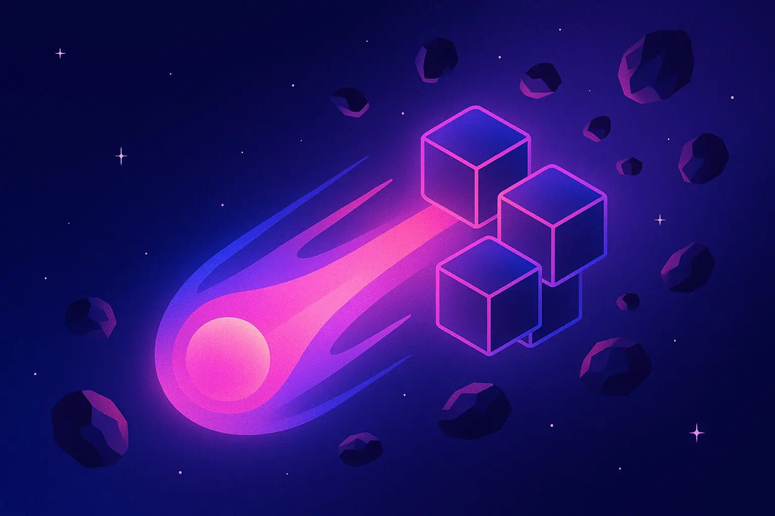 Digital illustration of a bright comet streaking through space, trailing neon pink and purple flames, colliding into glowing cubes among scattered asteroids.