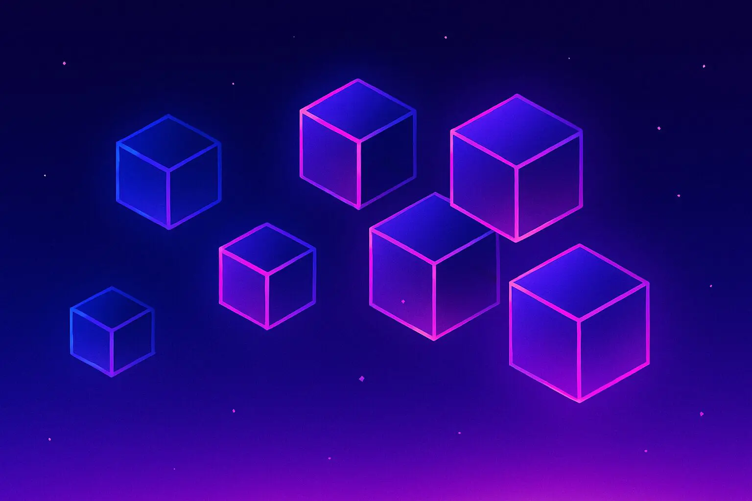 Abstract digital illustration of glowing cubes floating in deep space, outlined in neon pink and blue gradients against a dark purple starry background.