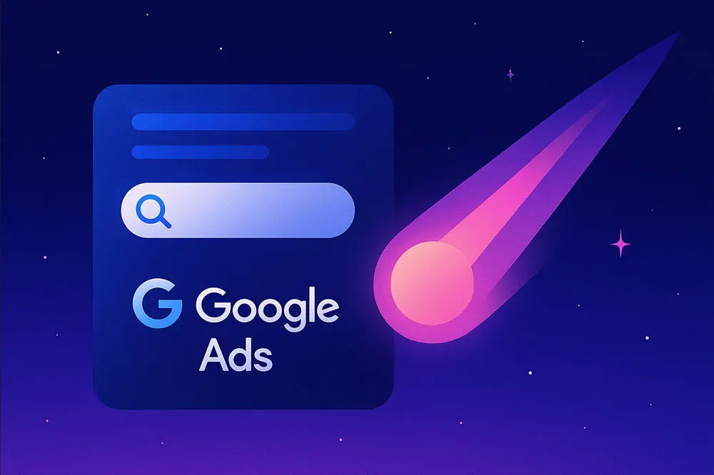 Google Ads 2025 dashboard with AI analytics, charts, and search ad results
