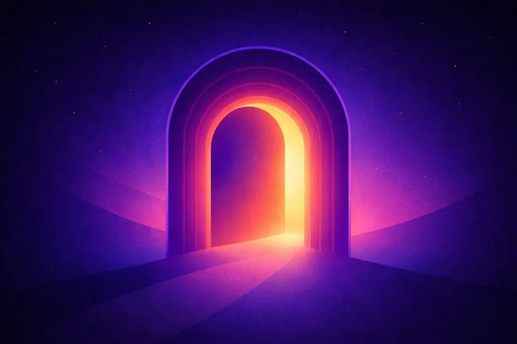 Abstract gradient illustration of a glowing portal set in a deep indigo landscape, transitioning from violet and magenta into warm amber light, symbolizing clarity and understanding in artificial intelligence.