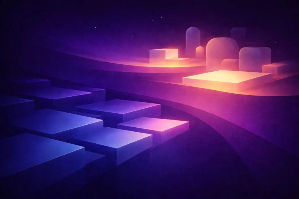 Abstract layered illustration with structured blue platforms below and fewer glowing warm-toned forms above, symbolizing automation-focused AI versus decision-support AI guiding strategic thinking.