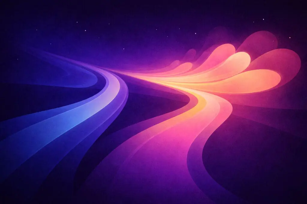 Abstract landscape showing two flowing gradient paths emerging from a single point, one in cool blue tones and the other in warm pink and gold, illustrating predictive AI versus generative AI in business use.