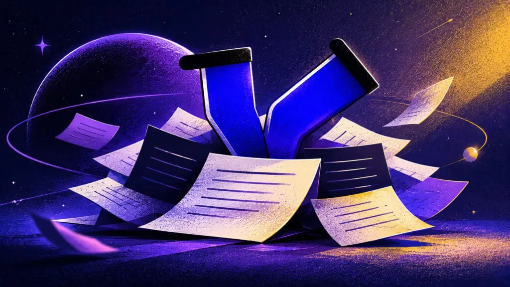 A stylised illustration of a person’s legs sticking out from a large pile of scattered documents and paperwork. Set against a cosmic indigo and purple background with subtle orbital lines and muted yellow highlights, the image represents being overwhelmed by administrative tasks and manual work.