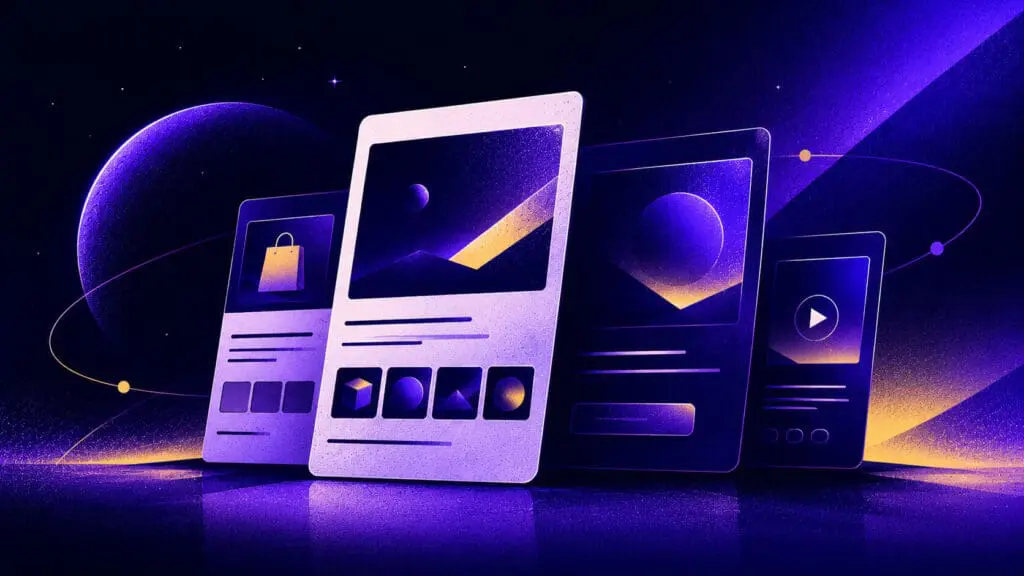 A collection of floating digital advertising panels displayed in a futuristic cosmic environment. The panels contain abstract image placeholders and horizontal lines representing ad content, surrounded by indigo, purple and muted yellow gradients that symbolise automated multi-channel advertising campaigns.