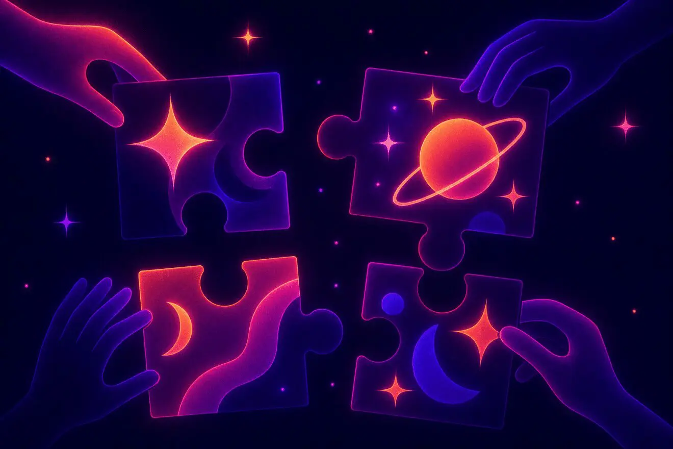 Four glowing puzzle pieces held by abstract hands against a dark cosmic background, featuring planets, stars, and gradient shapes to symbolize incremental design improvements forming a cohesive brand system.