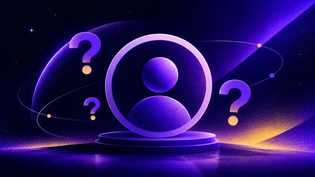A simple geometric profile icon positioned in the centre of a futuristic space-inspired scene. Several floating question marks orbit around the profile symbol, representing an AI assistant designed to answer questions and provide guidance. The illustration uses deep indigo, purple and muted yellow accents with subtle grain textures.