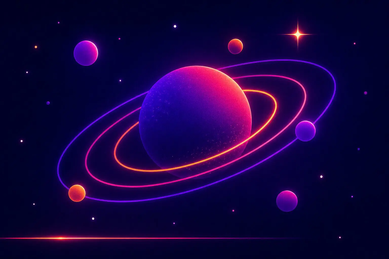 Stylized glowing planet with neon orbital rings floating in space on a dark gradient background with small stars and planets, representing sustainable long-term design evolution through small updates.