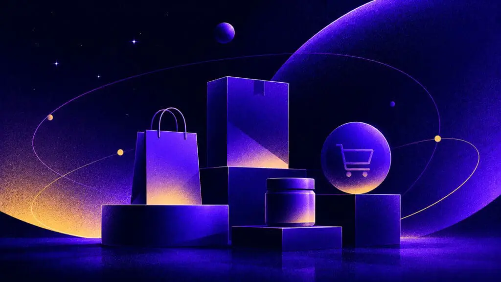 A minimalist illustration featuring abstract product packaging, a shopping bag, a container and a shopping cart symbol arranged on geometric platforms. The scene is set within a stylised cosmic landscape using indigo, purple and muted yellow gradients, representing online retail products, services and digital commerce.