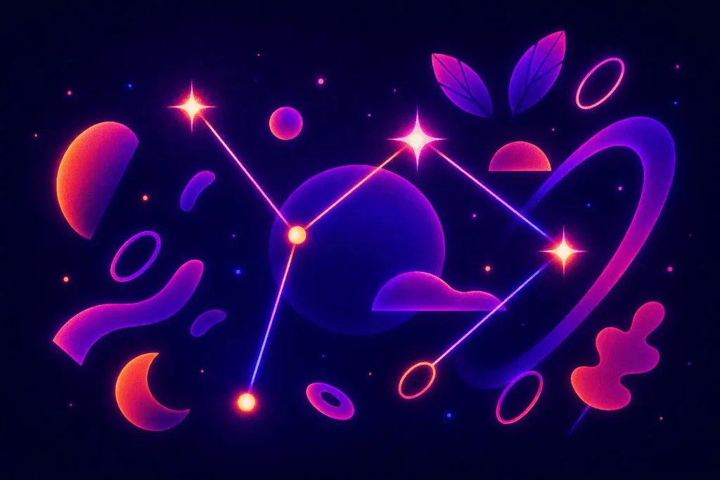 Abstract cosmic illustration with glowing geometric shapes, stars, planets, and connected lines in neon purple and orange gradients on a dark background, symbolizing steady iterative design progress.