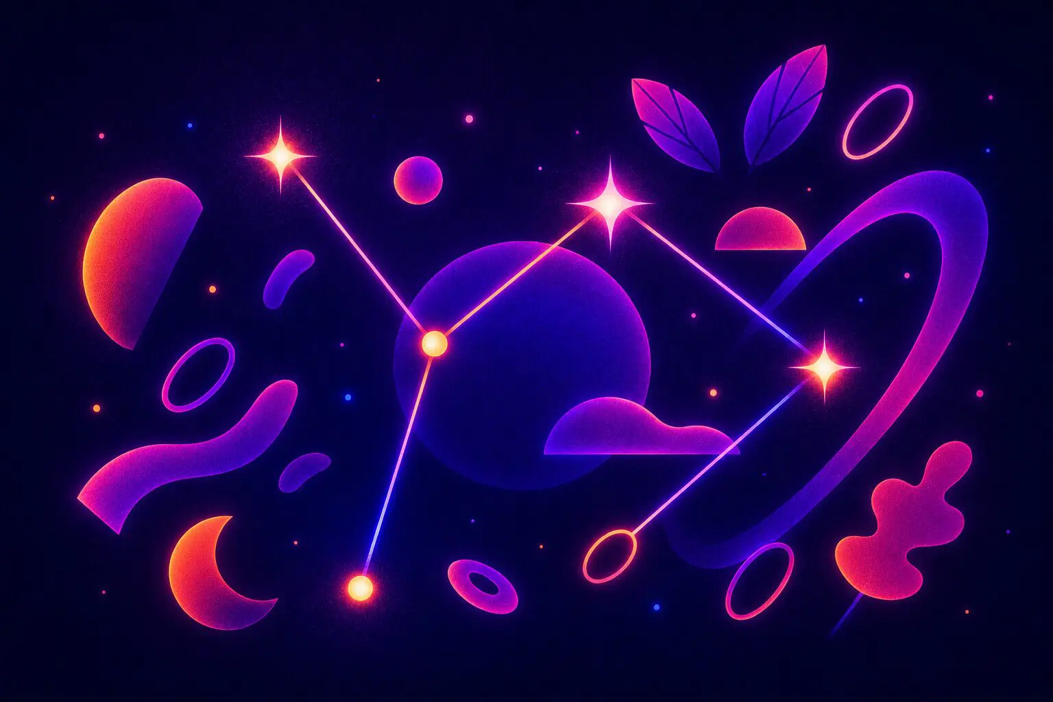 Abstract cosmic illustration with glowing geometric shapes, stars, planets, and connected lines in neon purple and orange gradients on a dark background, symbolizing steady iterative design progress.