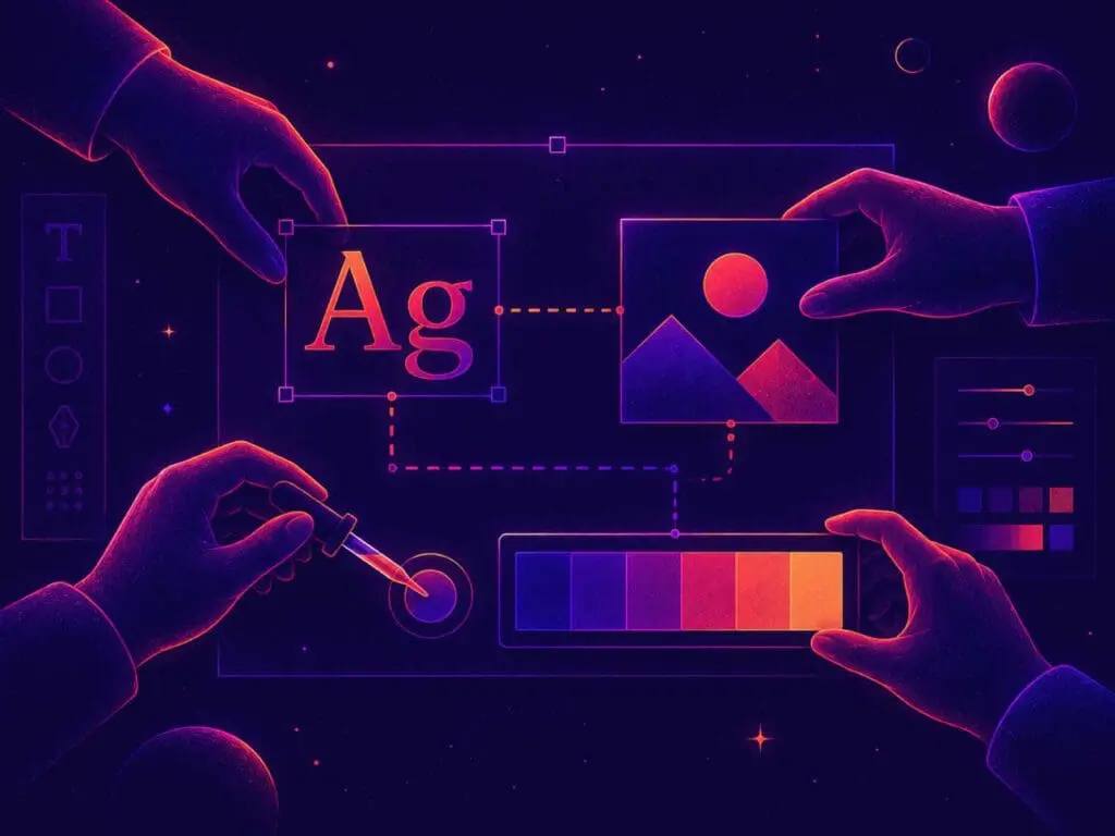 Hands arrange typography, imagery, colour palettes, and design components on a digital artboard, illustrating the process of building a cohesive visual identity.