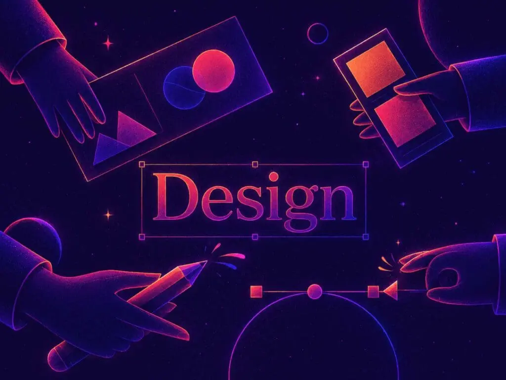 Multiple hands interact with design tools, layouts, typography, and visual elements around a central design workspace in a futuristic Vigilante Marketing-inspired illustration.