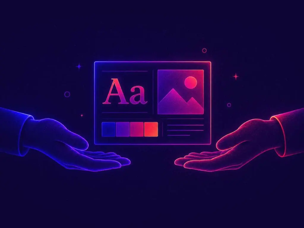 Two hands present a completed design board featuring typography, imagery, colour palette selections, and layout components against a dark futuristic background.