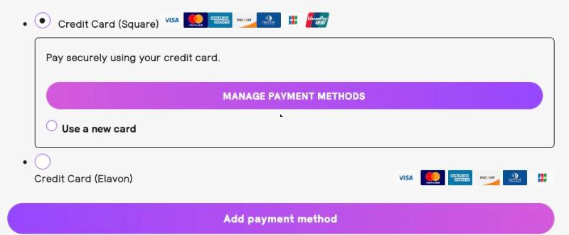A change payment method page showing a credit card payment option, a manage payment methods button, an option to use a new card, a second card gateway option, and an Add payment method button