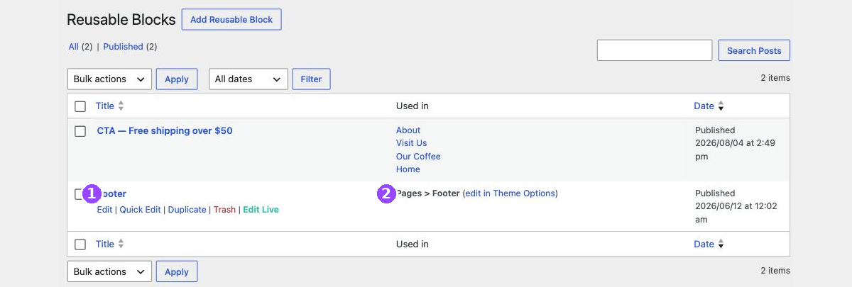 The Reusable Blocks admin list showing two blocks, with the Footer row and a Used in column reading Pages > Footer, edit in Theme Options