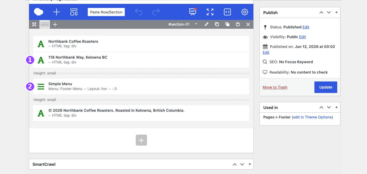 The page builder showing the footer block contents: two text elements, a Simple Menu element labelled Footer Menu, and a copyright text element