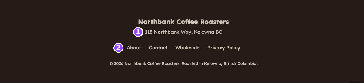 A dark website footer showing the business name, a street address, a row of four links, and a copyright line