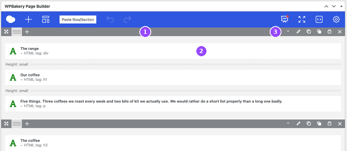 The WPBakery page builder showing a grey row bar with control icons above three stacked text elements