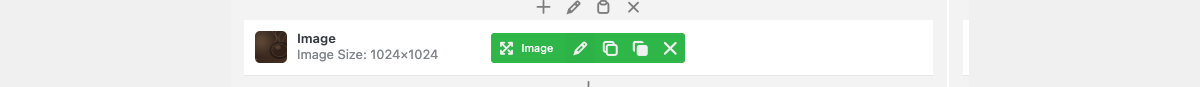 An image element in the builder with a green toolbar showing move, edit, clone, copy and delete icons