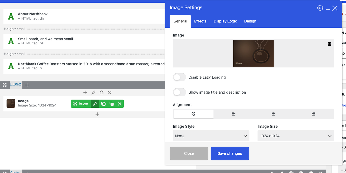 The Image Settings panel showing the current image, alignment options, image style and image size, with Close and Save changes buttons