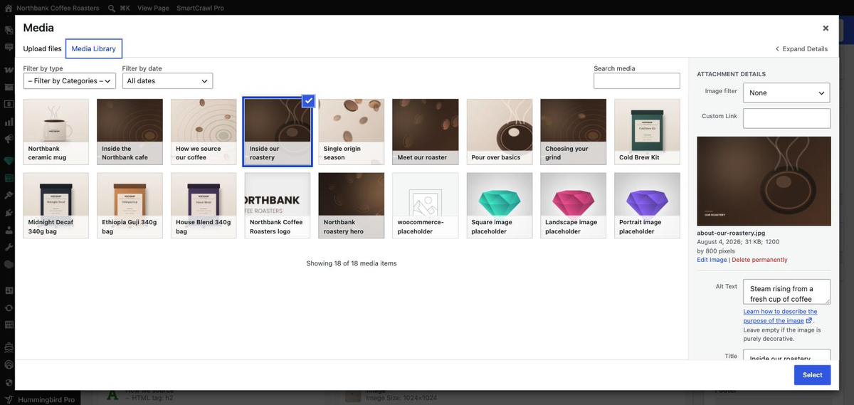 The media picker on the Media Library tab with the current image ticked and an Attachment Details panel showing the filename, dimensions and alt text