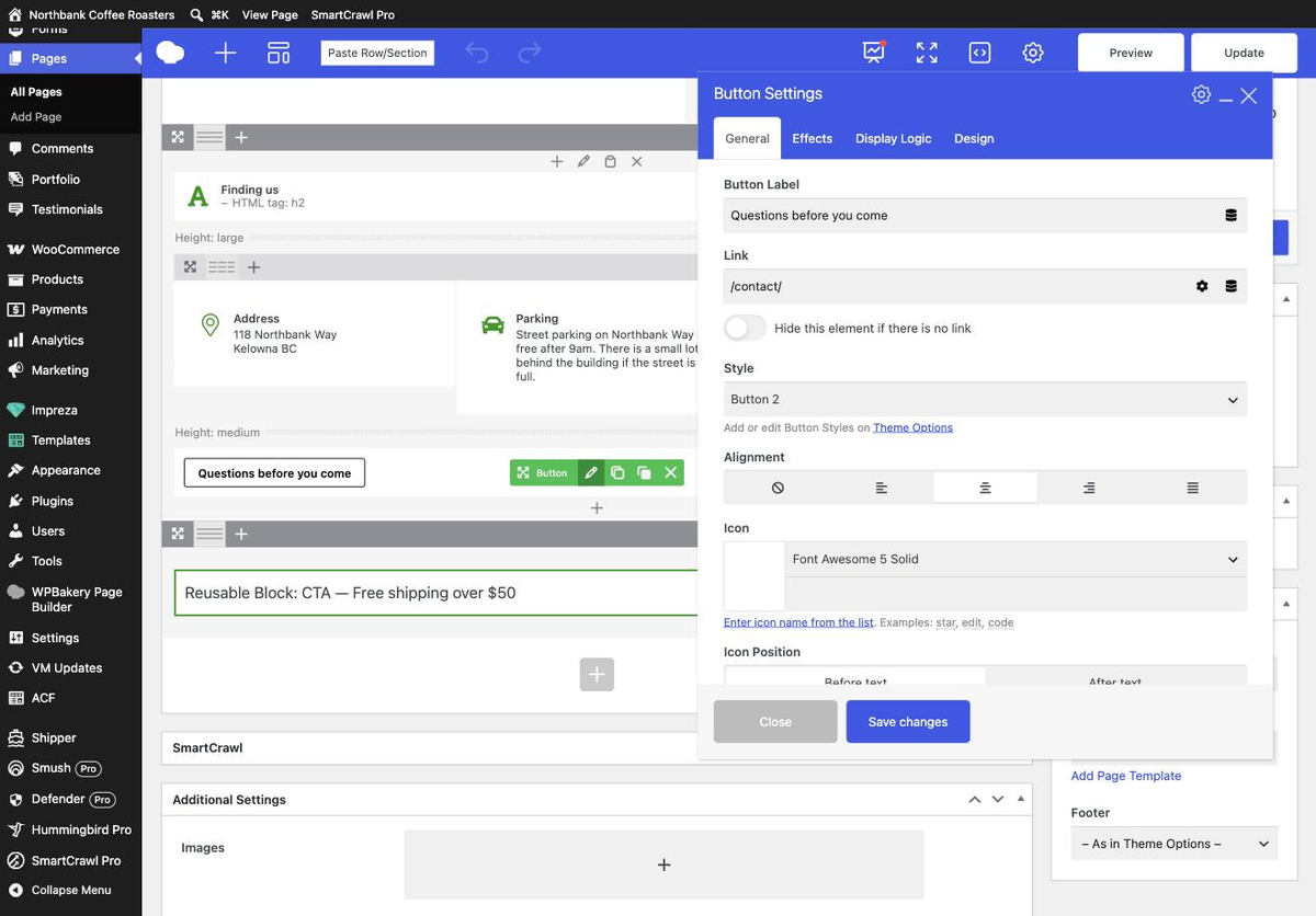 The page builder with a button element hovered, showing a green toolbar with edit, clone, copy and delete icons