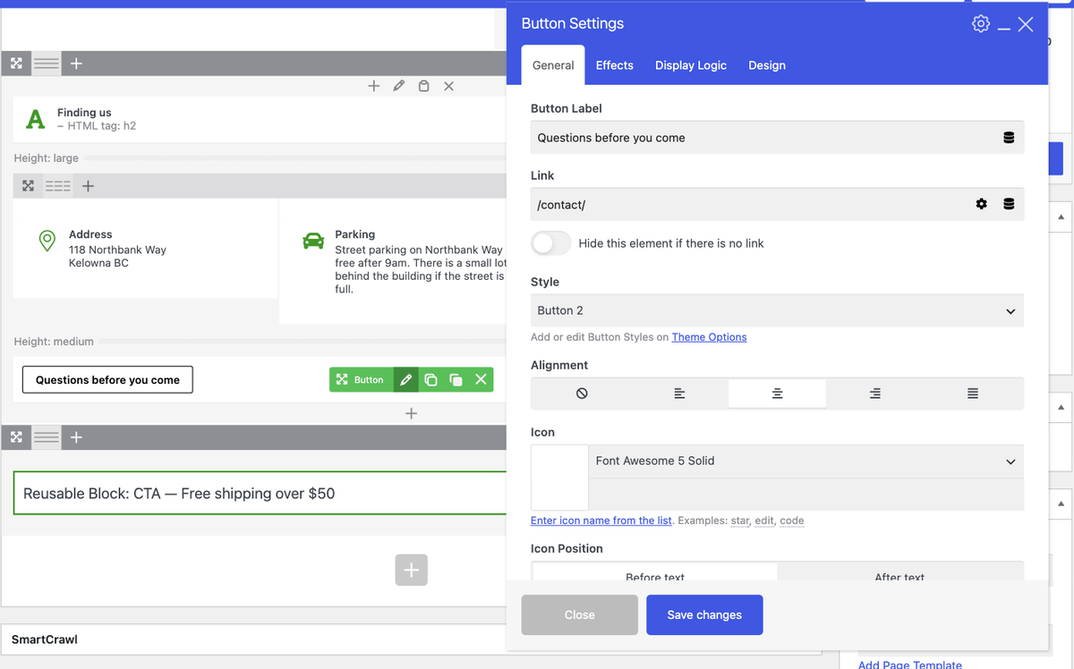 The Button Settings panel showing Button Label, Link, Style and Alignment fields with Close and Save changes buttons