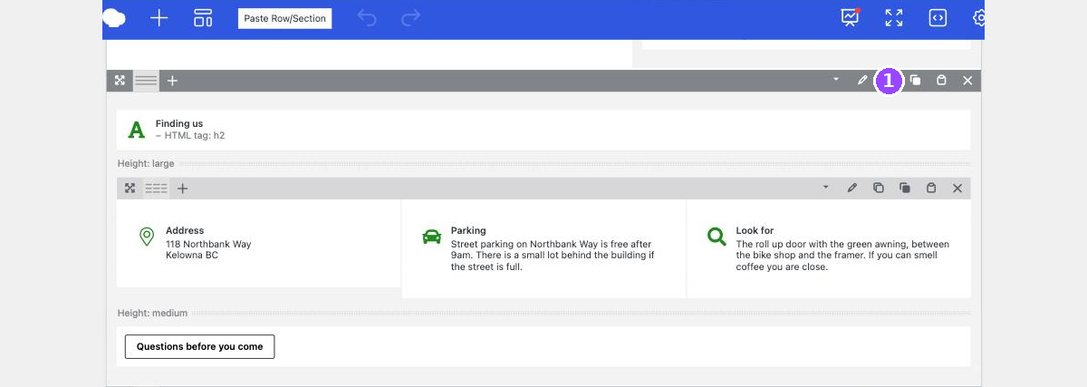 A page builder section with its grey control bar, the third icon from the left of the group on the right marked with a number one