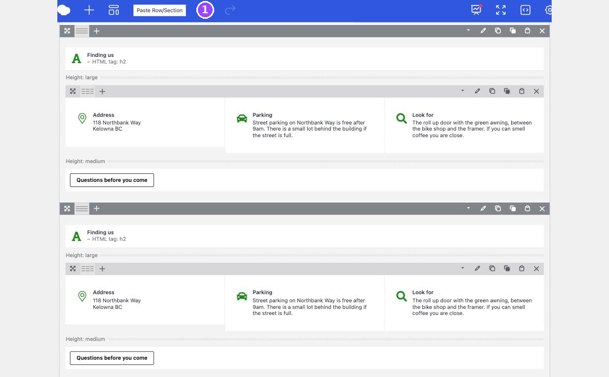 Two identical page builder sections stacked, each headed Finding us with the same three columns, and the undo arrow in the blue toolbar now active