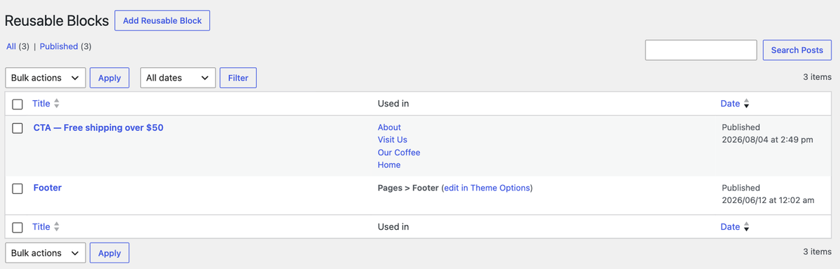 The Reusable Blocks screen listing two blocks, with a Used in column showing that one block appears on four named pages