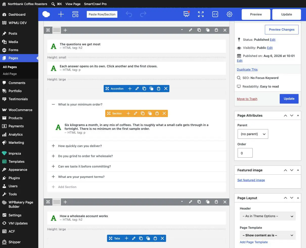 The page builder showing a blue Accordion toolbar, an orange Section toolbar, one panel open with its text inside, and an Add Section control