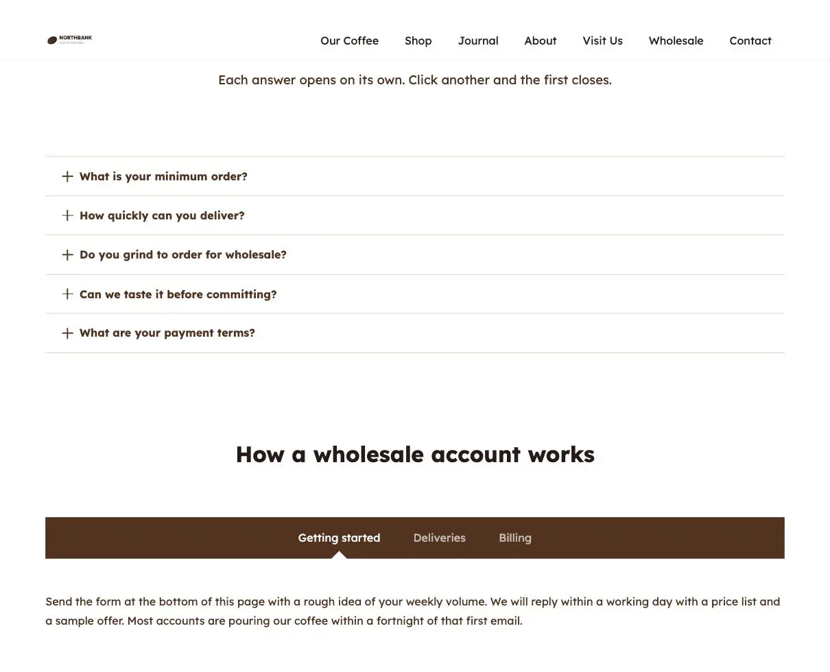 A live page showing a collapsed FAQ accordion with plus icons above a horizontal tab strip with three tabs