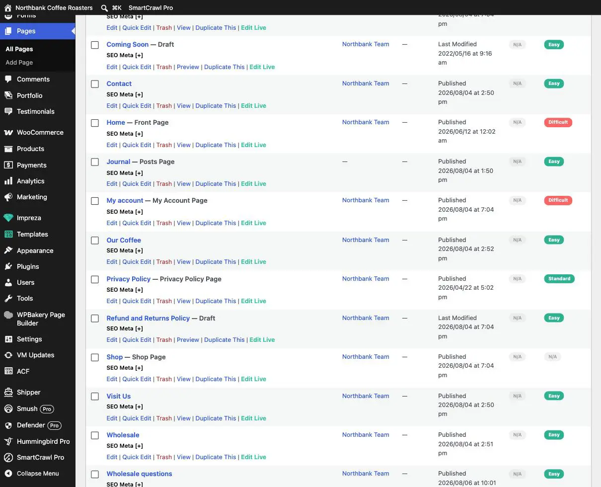 The Pages list with row actions visible, showing Edit, Quick Edit, Trash, View, Duplicate This and Edit Live under each page