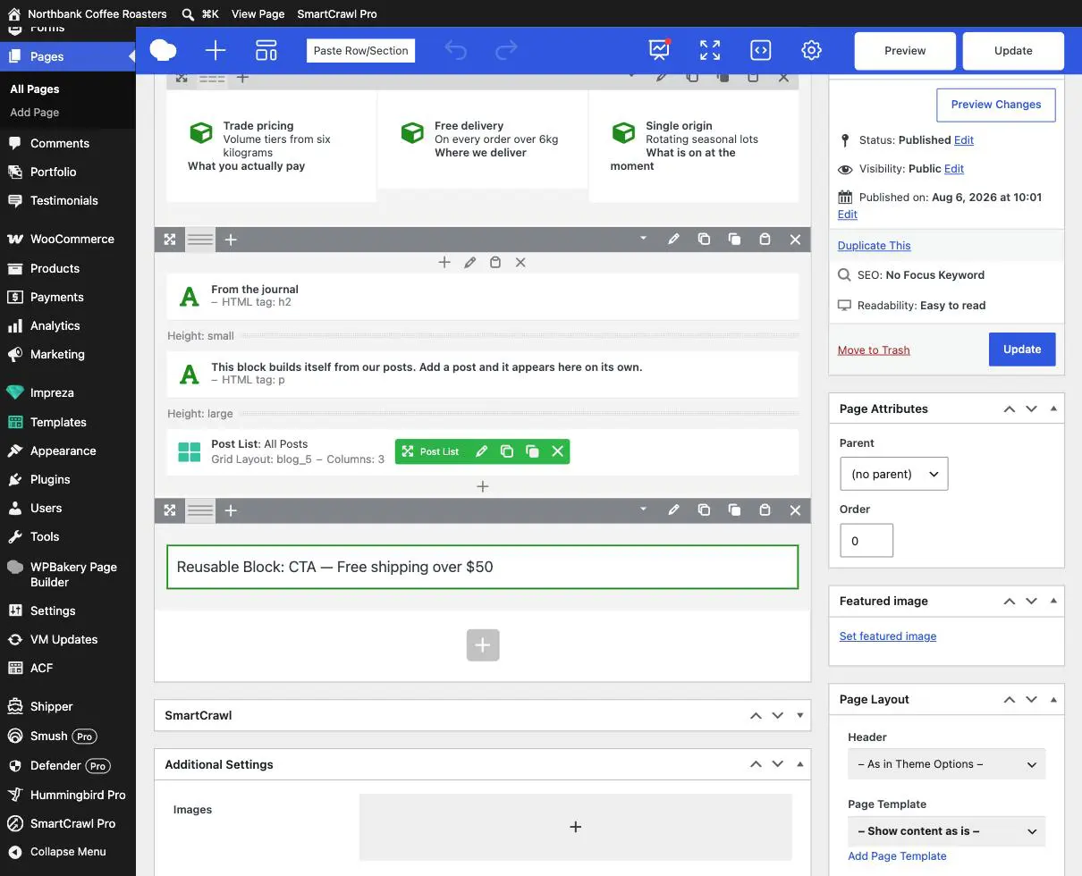 The page builder showing a Post List element summarised as All Posts with its grid layout and column count, above a reusable block