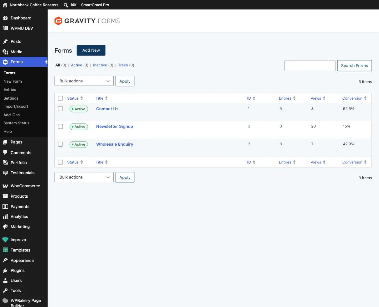 The Forms list in Gravity Forms showing three forms with their entry counts and conversion rates