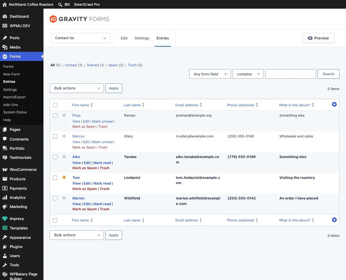The entries list for a contact form, with unread entries in bold, one starred, and View, Edit and Trash links under each row