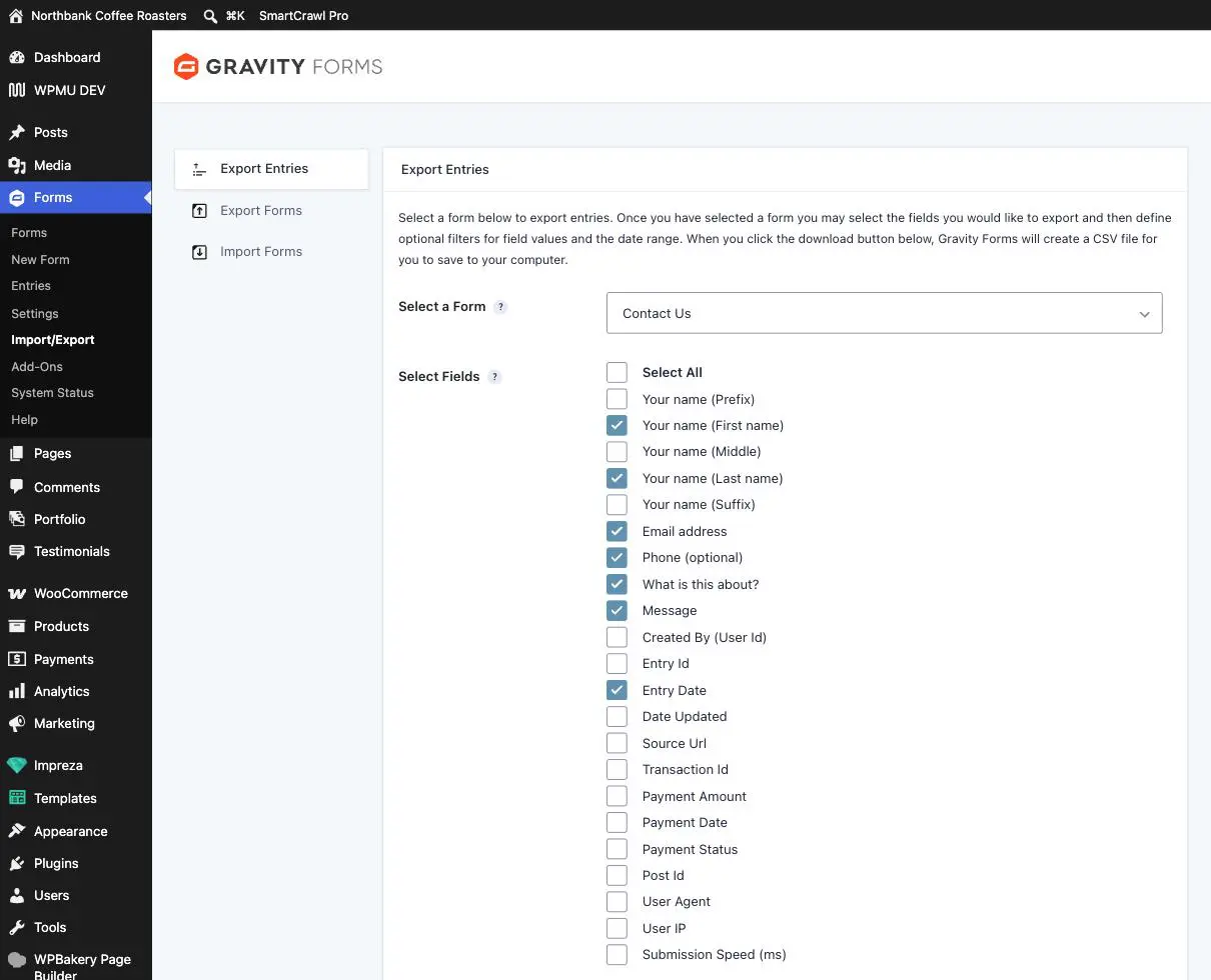 The Export Entries screen with a form chosen and a selection of fields ticked ready for download