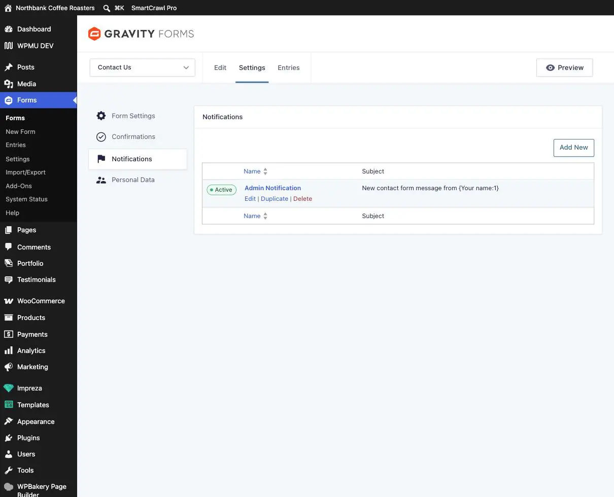 The Notifications list for a form showing one active Admin Notification with Edit, Duplicate and Delete links