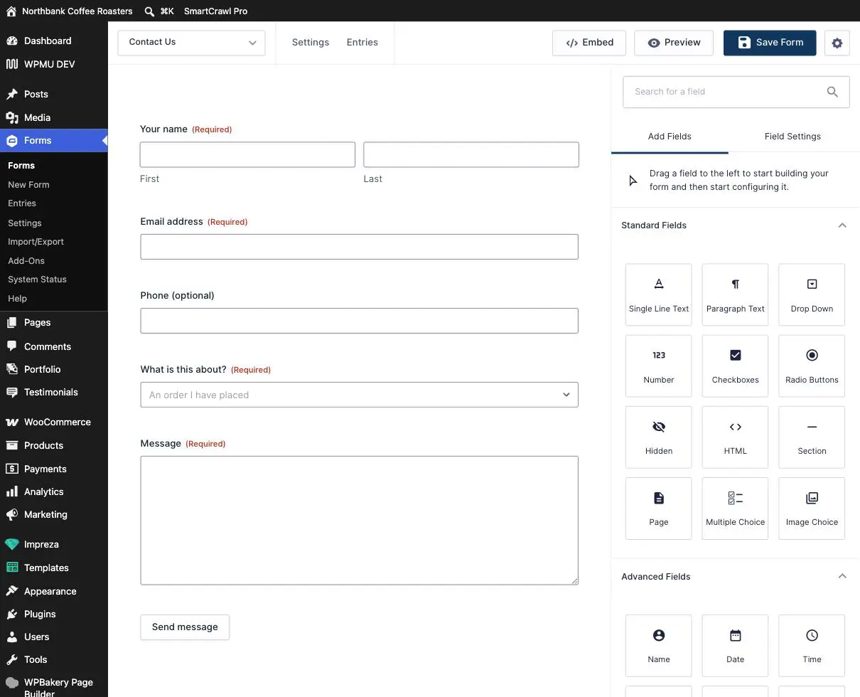 The form editor with the live form on the left and the Add Fields panel of available field types on the right