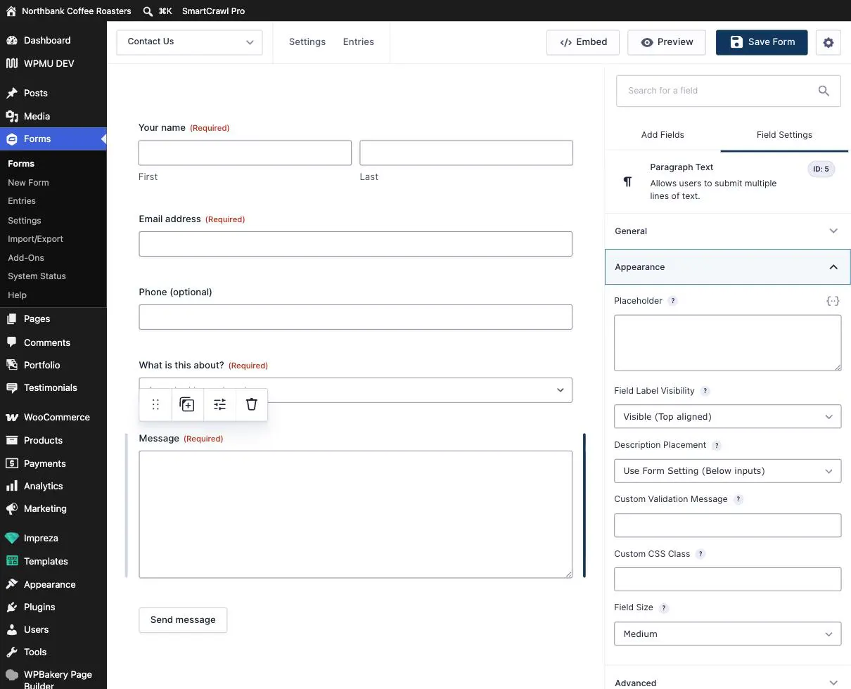 The Appearance tab of a field, showing the Placeholder and Custom Validation Message boxes