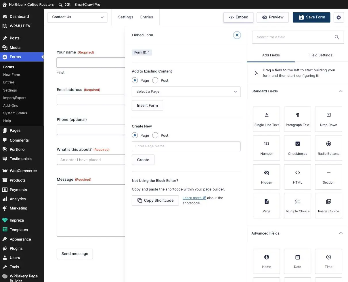 The Embed Form panel offering to add the form to an existing page, create a new page, or copy a shortcode for a page builder