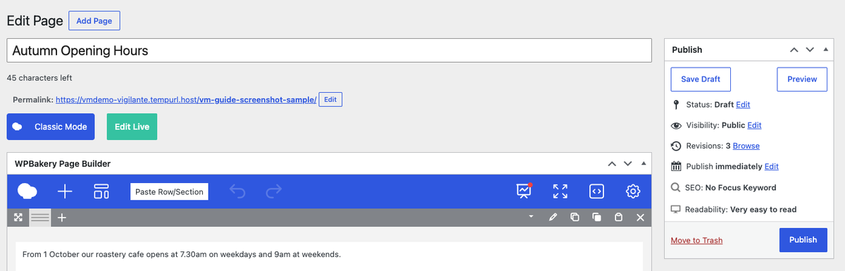 A page being edited, with the Publish box showing Save Draft, Preview, Status Draft and a Publish button