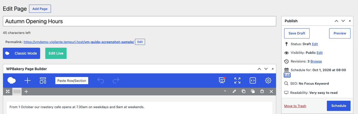 The Publish box after setting a future date, now reading Schedule for 1 October 2026 at 08:00 with a Schedule button