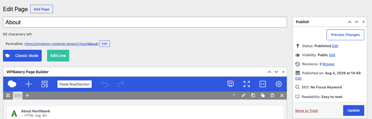 The Publish box on a published page, showing Preview Changes, Status Published, Revisions, Published on and an Update button