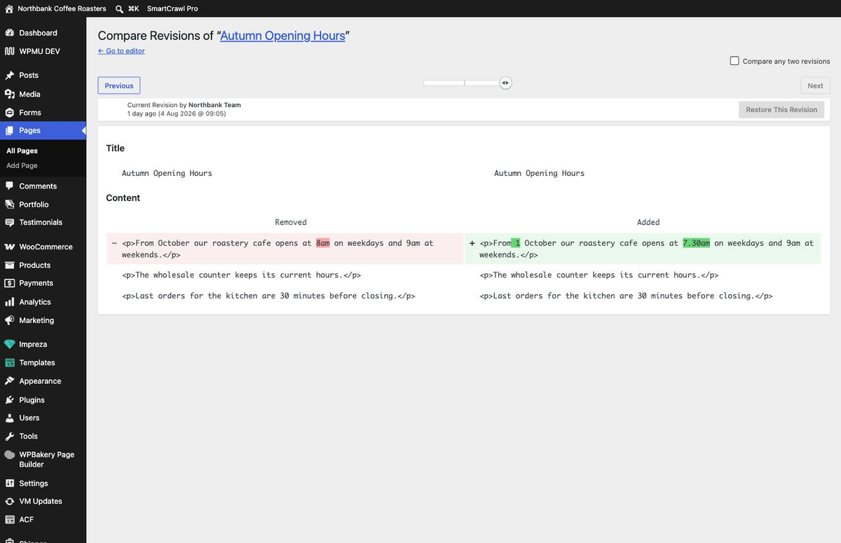 The Compare Revisions screen showing removed text highlighted in red on the left and added text in green on the right, with a Restore This Revision button