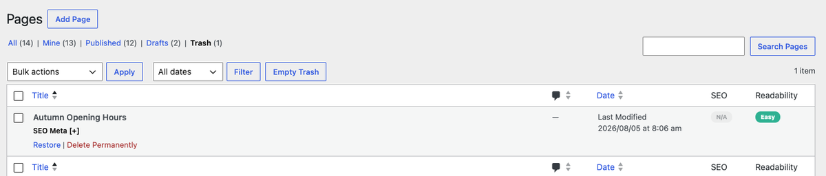 The Trash view of the Pages list, with Restore and Delete Permanently actions on the row and an Empty Trash button above